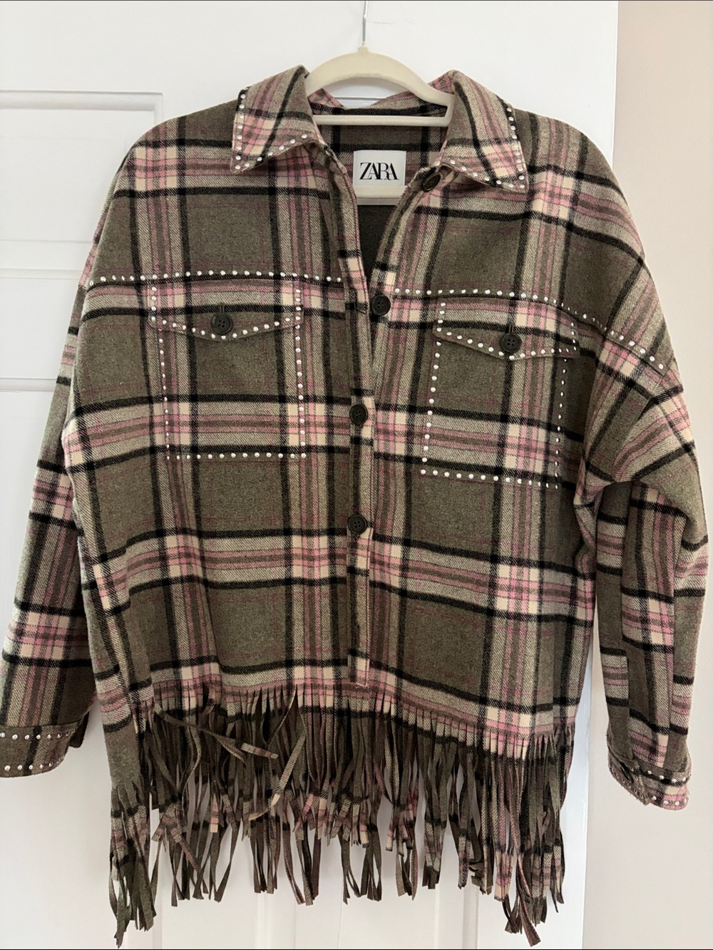 Zara Olive & Pink Plaid Fringe Utility Jacket